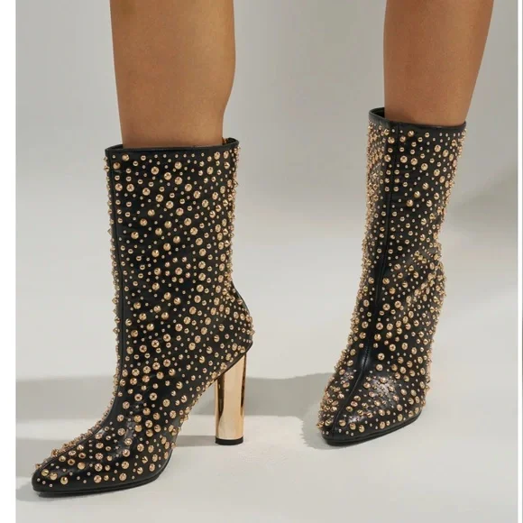 Gold Studded Black Ankle Boots - Picture 2 of 2